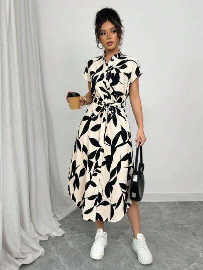 SHEIN Raffinéa Women's Casual Vacation Travel Leopard Print Front Button Shirt Belt Bow Pocket Side Slits 2025 Summer New Short Sleeve Long Dress