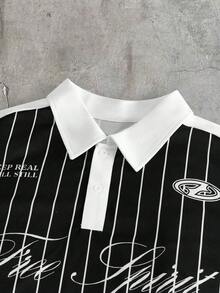AXEPEAK 男士條紋字母印花休閒通勤短袖 Polo 衫 - 黑色 - 查看 3