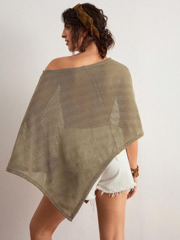 Freevana 女款大尺碼棕色不對稱肩寬鬆針織透視亮片優雅休閒街頭風音樂節波希米亞風春夏季服裝 - 棕色 - 查看 2