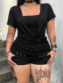 POPSWAY 大尺碼夏季度假優雅外出上衣 女款歐美新款性感百搭寬領設計抓皺針織面料短袖T恤 修身顯瘦2合1拼接風上衣 - 黑色 - 查看 7