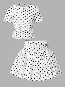 SHEIN Sparklyn 青少年女孩圓點印花T恤與裙子套裝 - 黑與白 - 查看 3