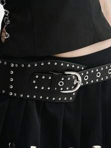 MortiRose 1 件 Y2K 风格朋克铆钉装饰弧形腰带，不对称腰带，时尚配饰秋季、秋季、万圣节 - 黑色銀扣 - 查看 5