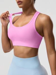 Seamluxe SHEIN Sport Women's Solid Color Sleeveless Cropped Sports Tight Yoga Racerback Tank Top - Pink - View 4