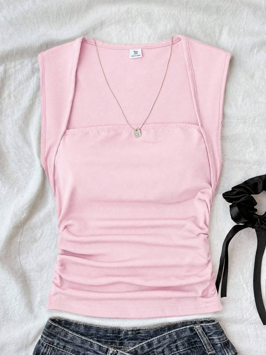 SHEIN Teen Girls T-Shirts Summer Solid Ruched Side Tank Top - Pink - View 1
