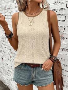 SHEIN LUNE Women's Textured Patterned Fabric Beige Tank Top, Versatile Summer Style Vacation Boho - Coffee Brown - View 5