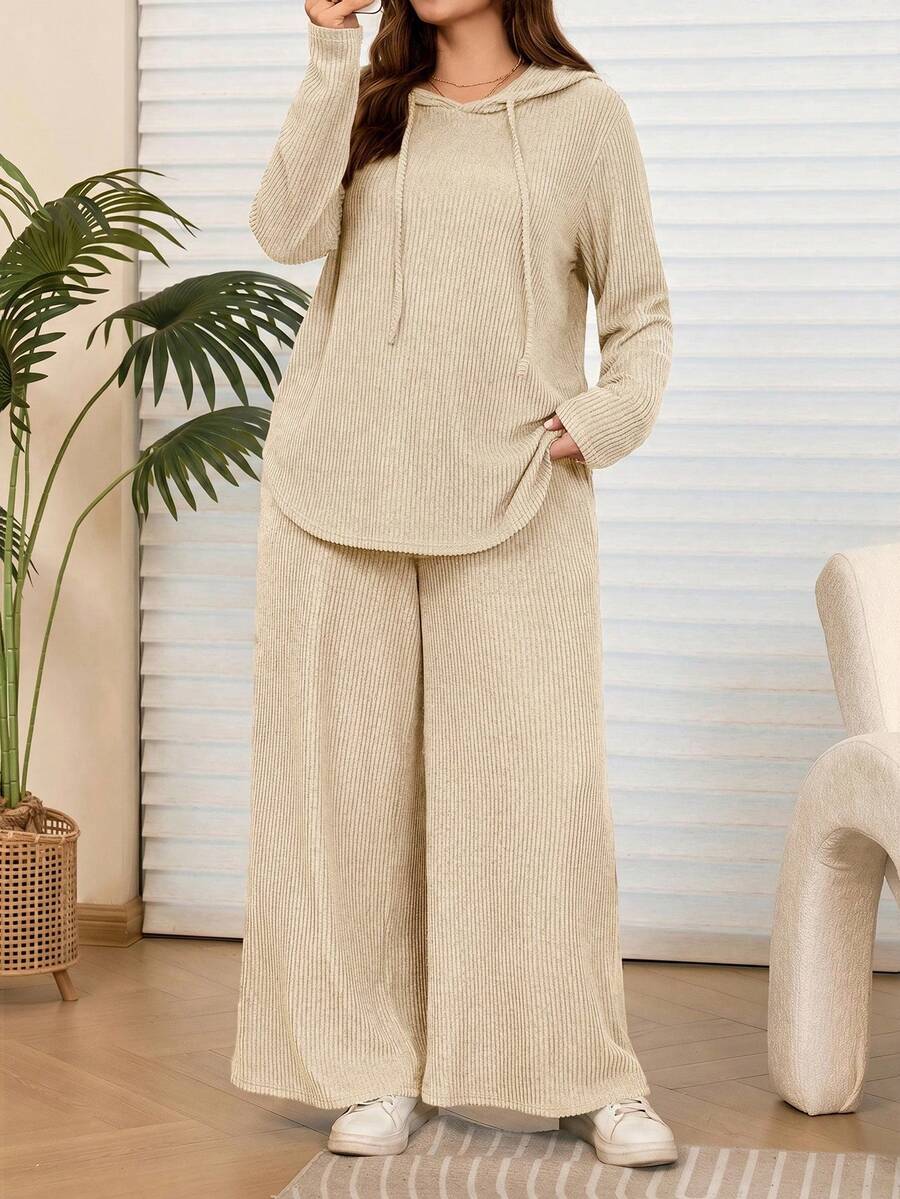 EMERY ROSE 大尺碼女款休閒深灰色連帽運動上衣與長褲兩件套,附口袋,秋冬款 - 杏色 - 查看 1