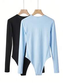 SHEIN BASICS 2件裝休閒素色針織圓領長袖女款連身衣 - 彩色 - 查看 4