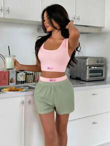 ZzzCrew Vibrant Contrast Color Elastic Soft Ribbed Texture Camisole And Shorts Pajama Set For Women - Multicolor - View 4