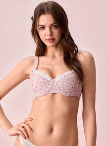 Bonmuse Women's Sweet Floral Ribbed Comfortable Bra, French Lace Trim Soft Cup Supportive Lingerie - Pink - View 1