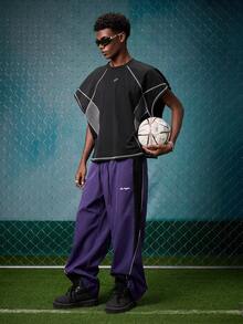 EVRINFINITE Men's Casual Color Block Drawstring Straight Leg Pants, Loose Fit Long Patchwork Black Straight Leg Sweatpants For Outdoor Football - Purple - View 7