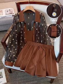 GlowEve CURVE Plus Size Women's Sheer Embroidered Hollow Out Shirt, Solid Color Camisole And Shorts 3-Piece Set, Elegant And Fresh For Summer Fall - Brown - View 1