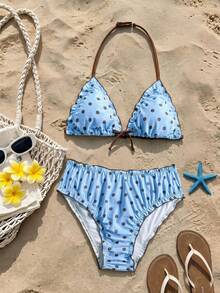 SHEIN Girlism Ensemble de maillot de bain bikini deux pièces tankini pour filles et adolescentes, nouveau style décontracté d'été pour vacances, bordure à volants, imprimé à pois bicolore, décoration de nœud, ensemble de vacances à la plage, vacances d'été, ensemble de vacances à la plage - Bleu ciel - Voir 3