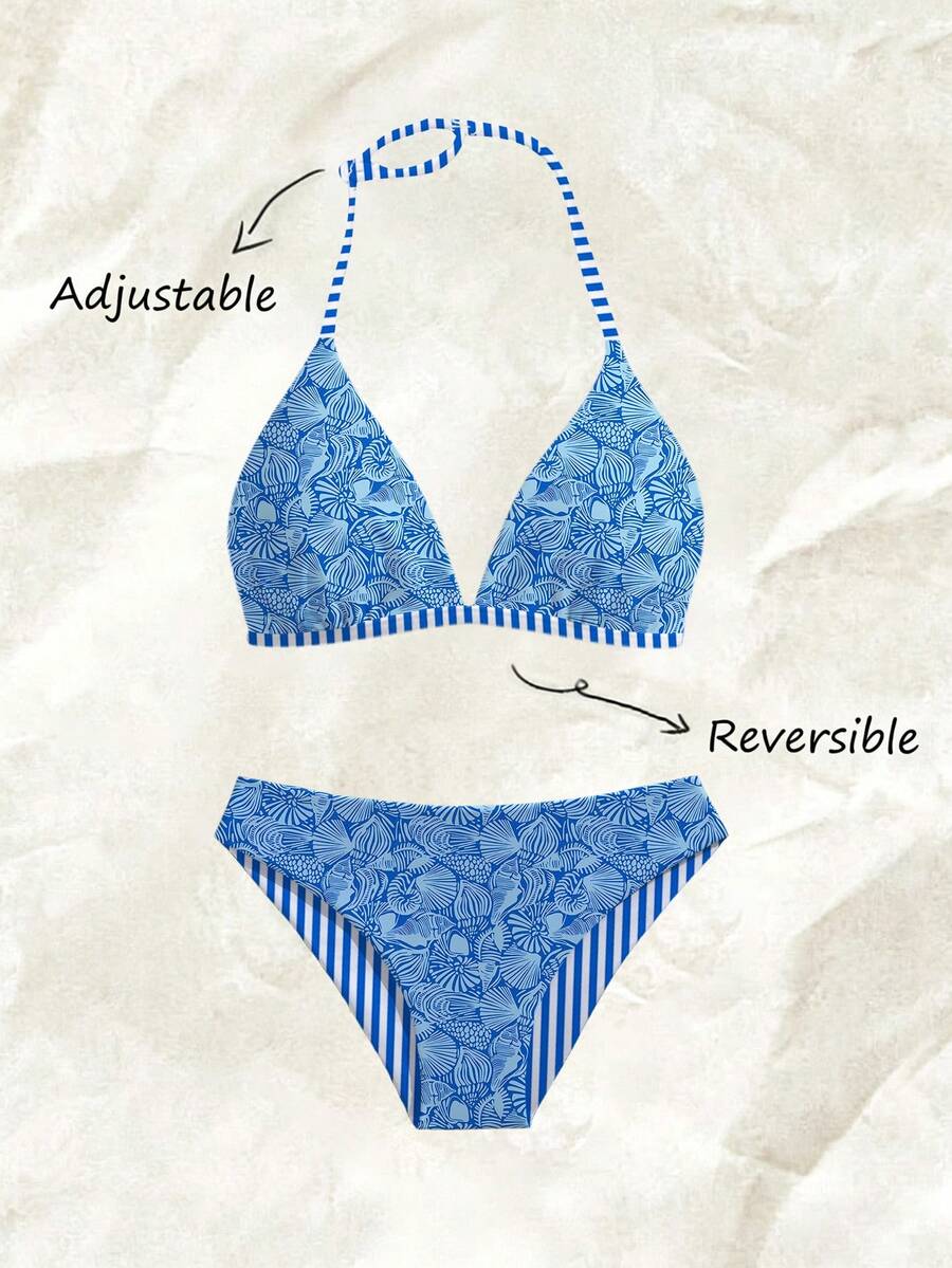 SHEIN Teen Girls 2pcs Reversible Swimwear Set, Halter Top With Adjustable Buckle And Triangle Bikini Bottom, Shell & Stripe Print Knit Fabric, Casual Style For Summer Beach, Pool, Vacation, Summer Holiday Party - Multicolor - View 1
