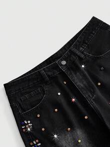 ROMWE MEN Street Life Men's Summer Casual Rhinestone Decorated Denim Shorts - Black - View 3