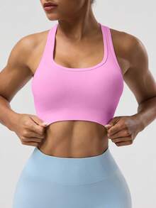 Seamluxe SHEIN Sport Women's Solid Color Sleeveless Cropped Sports Tight Yoga Racerback Tank Top - Pink - View 6