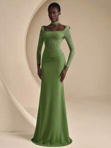 Coutiva Women's Lace Patchwork Formal Evening Gown - Olive Green - View 6