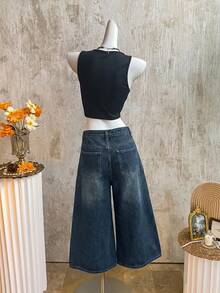 K-Vae Women's Casual Loose Capri Wide Leg Jeans, Blue - Medium Wash - View 3