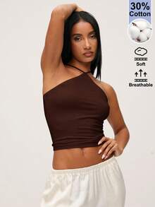 SHEIN BASICS 女款夏季休閒純色露背掛脖上衣 - 咖啡棕 - 查看 6
