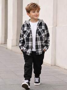 SHEIN Boys' Plaid Pattern Hooded Shacket, Spring/Autumn White - Black - View 1
