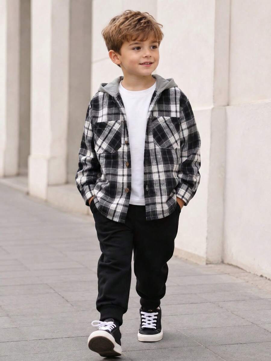 SHEIN Boys' Plaid Pattern Hooded Shacket, Spring/Autumn White - Black - View 1
