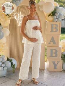 Loomaby 2pcs Maternity Vacation Jacquard Camisole And Adjustable Waist Pants Set - White - View 1