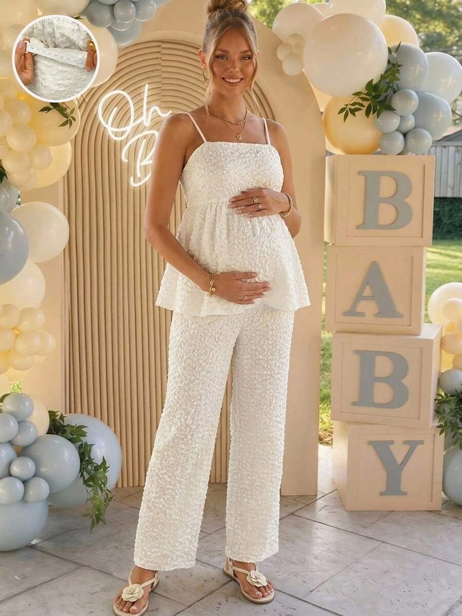 Loomaby 2pcs Maternity Vacation Jacquard Camisole And Adjustable Waist Pants Set - White - View 1