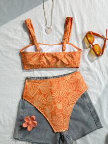 Swim Vcay 焦橙色貝殼側邊高腰比基尼泳褲肩帶兩件式比基尼套裝 女款海灘度假泳衣 夏季熱帶風 - 彩色 - 查看 2