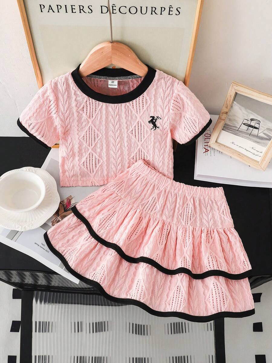 Genkimix Kids 女童刺繡圓領短袖紋理針織T恤與甜美蛋糕裙套裝,適合日常休閒、清新夏季度假、海灘、出遊的可愛甜美穿搭 - 粉色 - 查看 1