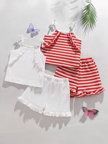 Elladie kids 少女 4件組/套可愛風格少女背心套裝，春/夏，白色 & 粉色，細肩帶上衣領口與肩部飾有荷葉邊設計增添甜美感，搭配彈性腰圍荷葉邊下襬短褲，協調設計，舒適面料適合日常出遊、休閒與度假 - 紅白色 - 查看 12