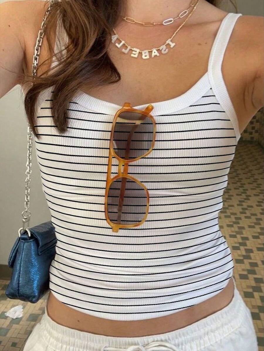 INAWLY Striped Print Casual Simple Summer Tank Top For Women Graphic Tees Women Tops - White - View 1