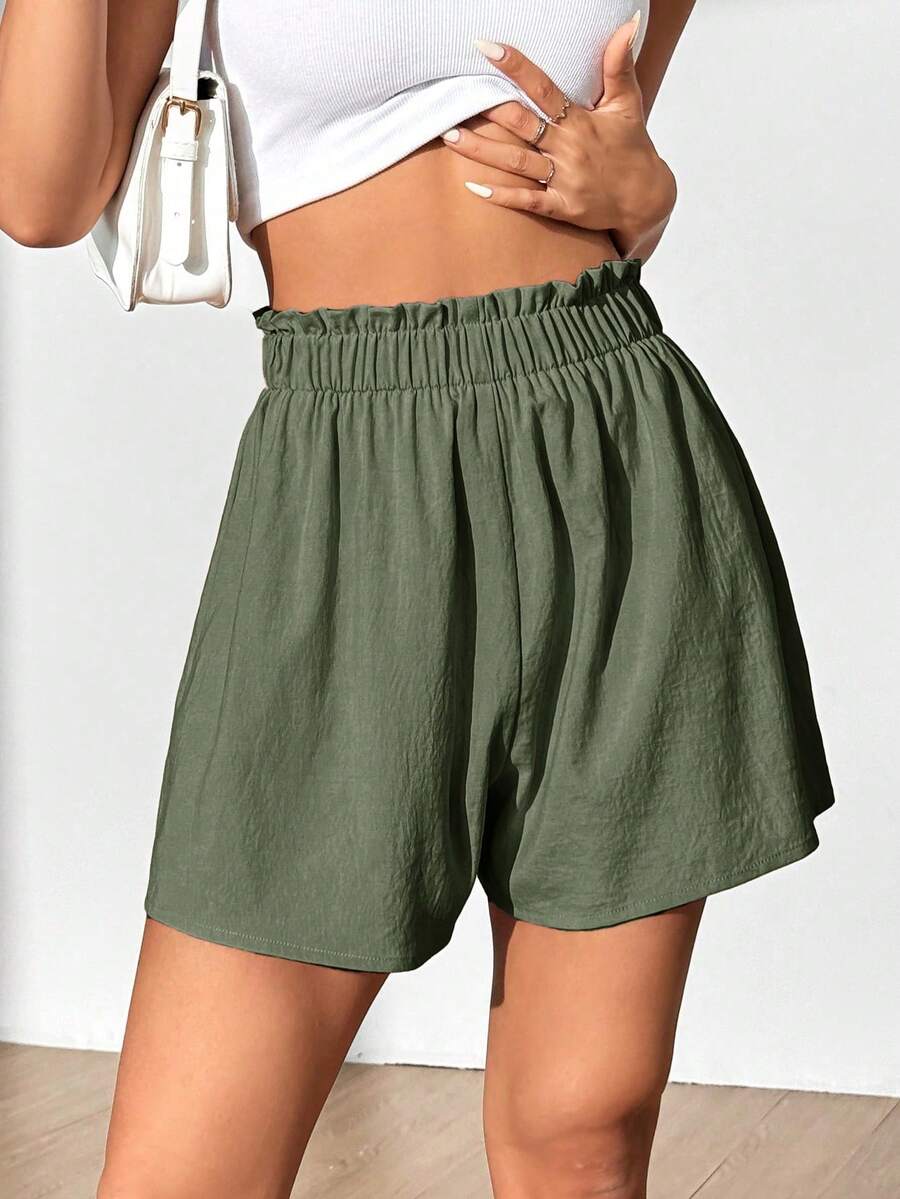 Flirla Women's Solid Color Ruffle Waist Casual Shorts - Army Green - View 1