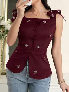 Modelyn 女款花卉刺繡單排扣肩結無袖襯衫 - 酒紅色 - 查看 7