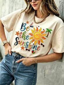DrmWander 女款 Be The Sunshine 印花短袖T恤，夏季海灘棕櫚樹與太陽圖案休閒上衣 - 杏色 - 查看 3