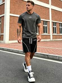 Gym Rark 男士舒適運動套裝，夏季薄款美式R Logo條紋短袖T恤與短褲，休閒兩件組 - 灰色 - 查看 6