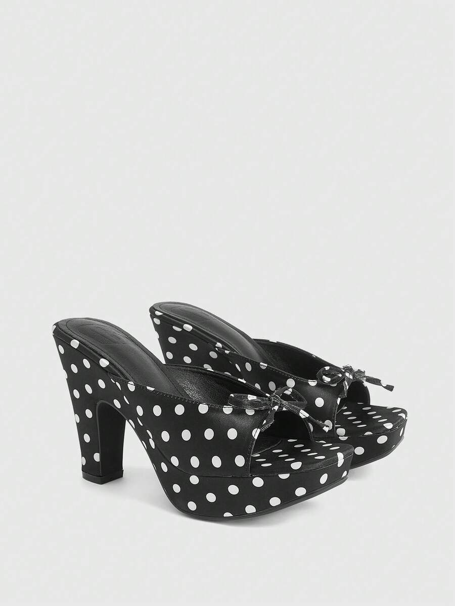 CUCCOO LuxiPop 2026 High-Heeled Platform Sandals Women's New Peep Toe Polka-Dot Satin Thick-Heeled Slippers Summer - Black - View 1