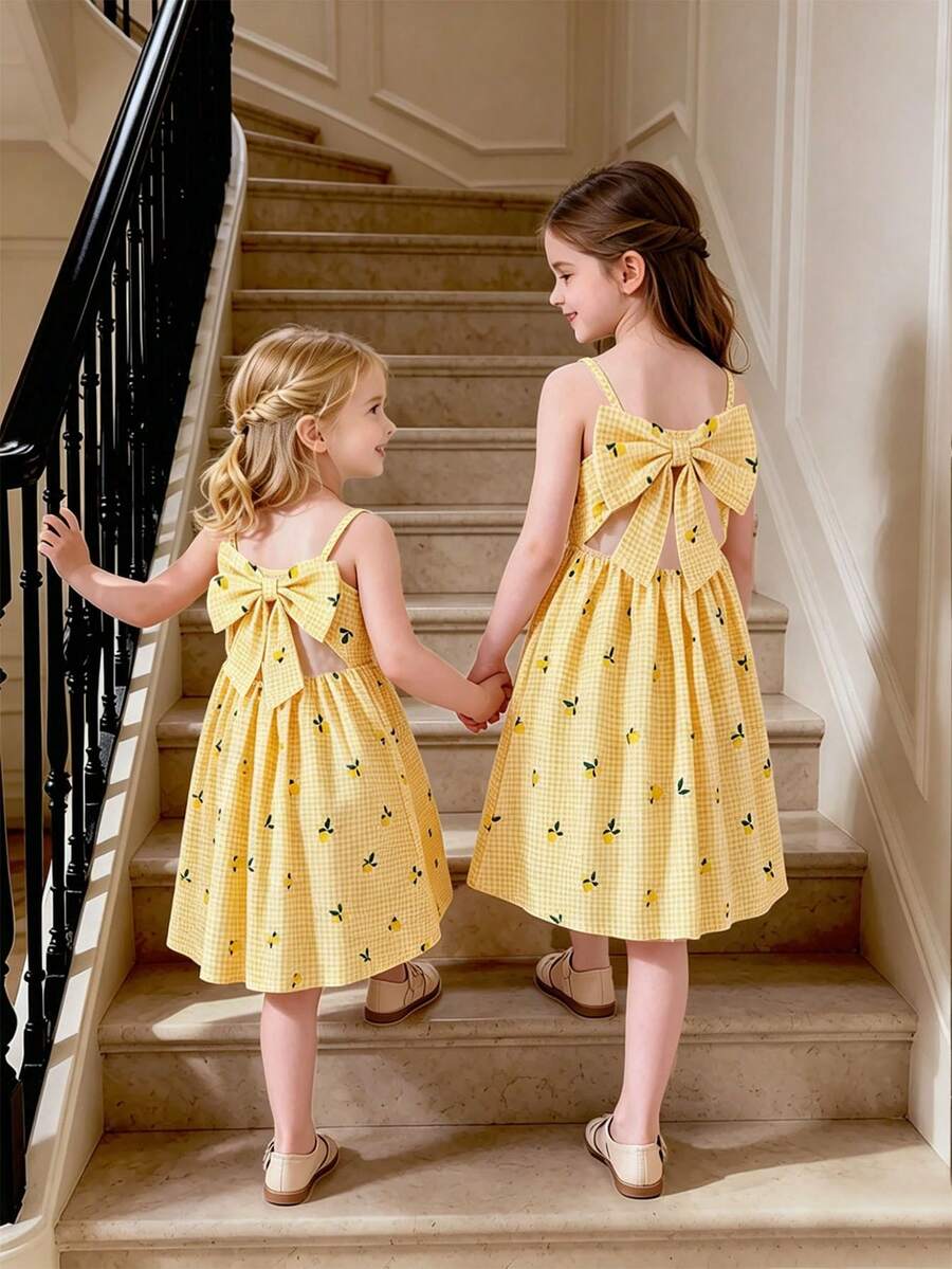 Elladie kids Tween Girls' Spaghetti Strap Dress,Red And White Plaid,Summer,Cute,Vacation,Holiday,Yellow & White Plaid+Lemon Print,Big Bow Back,Fluffy Skirt,Sweet - Yellow - View 1