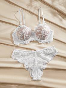 Charlaine Solid Color Lace Lingerie Set (Molded Cup Bra, Panties) - White - View 8