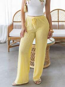 Andrea Bello 2026 Pantalones sueltos de verano con pliegues de moda para mujer, pantalones anchos de pierna suelta con textura de cordón, pantalones anchos de punto casuales, pantalones de playa transparentes para vacaciones, para festival de música y fiesta - Amarillo claro - Ver 3