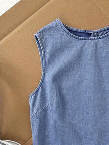 Comfortcana Gaun Denim Kasual Tanpa Lengan Leher Bulat untuk Wanita, Cocok untuk Perjalanan Sehari-hari - Light Wash - View 3
