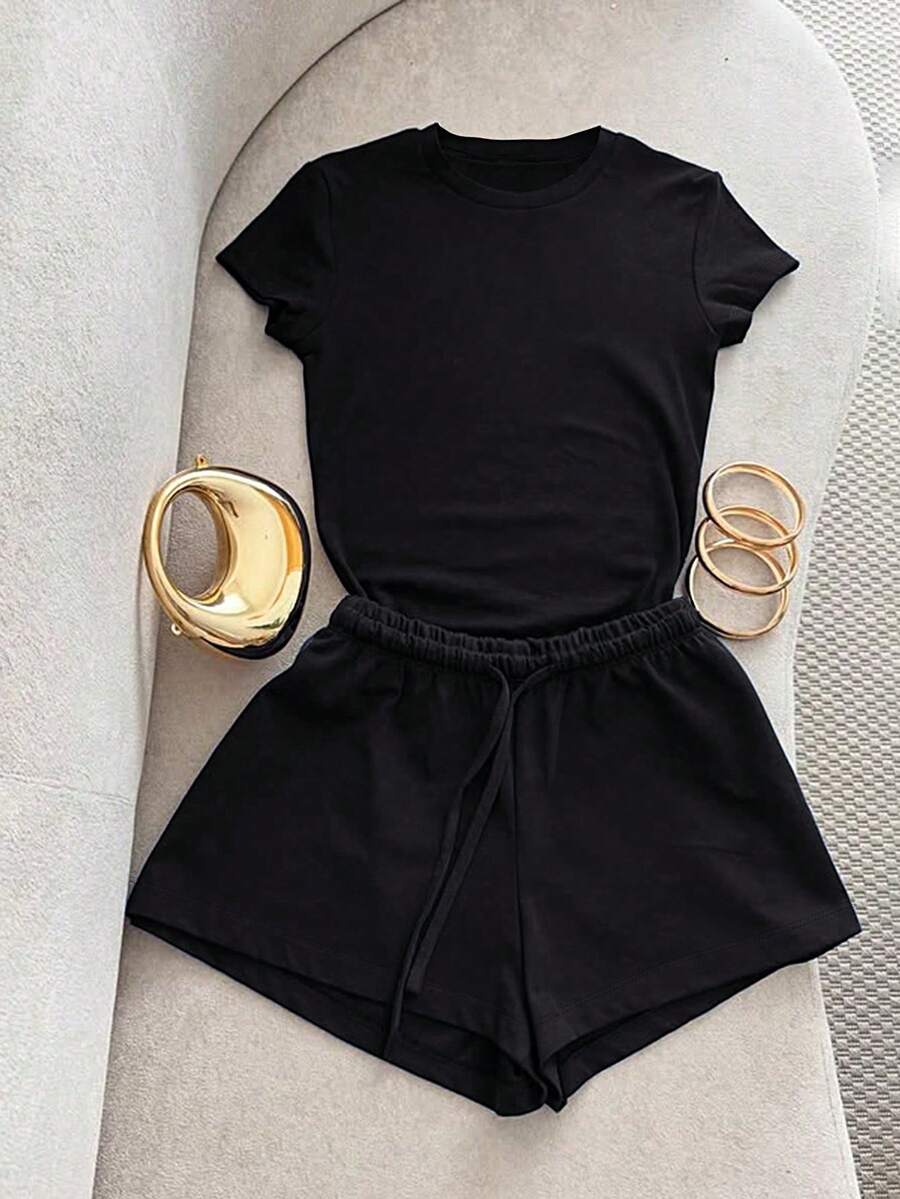 Resyla Women's Solid Color Round Neck Short Sleeve T-Shirt And Drawstring Waist Shorts Casual Two Pieces Set - Black - View 1