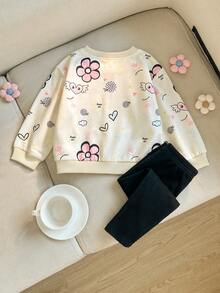 Cozy Pixies 女嬰可愛花卉印花運動衫 + 黑色針織內搭褲 2件套，休閒日常時尚百搭，適合街頭、居家、外出、聚會、派對 - 白色 - 查看 4