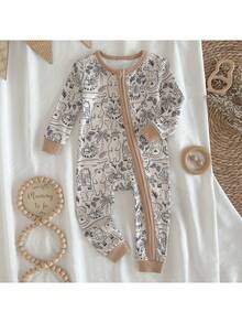 Loomiva Baby Boy Cartoon Pattern Knitted Soft Round Neck Long Pants Versatile Comfortable Fitted Loungewear Long Sleeve One-Piece Pajamas - White - View 7
