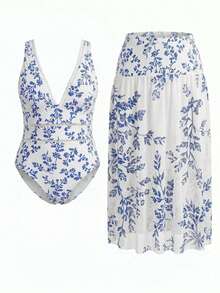 Swim Oasis Plus Size Digital Print Fashionable Casual Vacation One-Piece Swimsuit - Blue - View 1