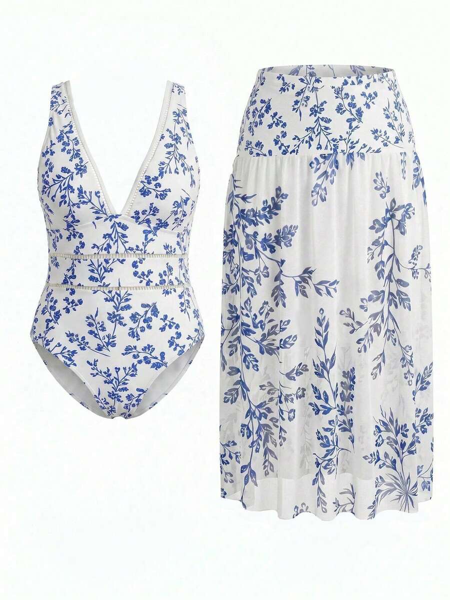 Swim Oasis Plus Size Digital Print Fashionable Casual Vacation One-Piece Swimsuit - Blue - View 1