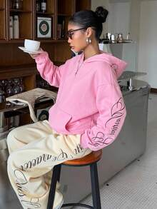 Muchica Women's Pink Hooded Embroidered Long Sleeve Sweatshirt - Pink - View 6