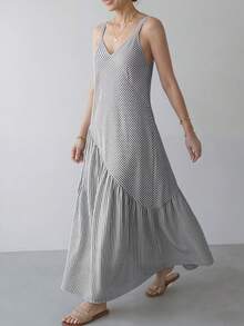 EMERY ROSE Vestido elegante de tirantes finos con volantes en el bajo y rayas para mujer - Blanco y Negro - Ver 6
