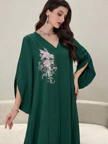 Yasmyna Colorblock Patchwork Luxurious 3D Embroidered Applique V-Neck Long Sleeve Turkish Tunic - Dark Green - View 7