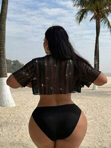 Slaydiva Baju Penutup Pantai Seksi untuk Liburan, Lengan Pendek Asimetris Warna Putih untuk Wanita Ukuran Plus - Hitam - View 2