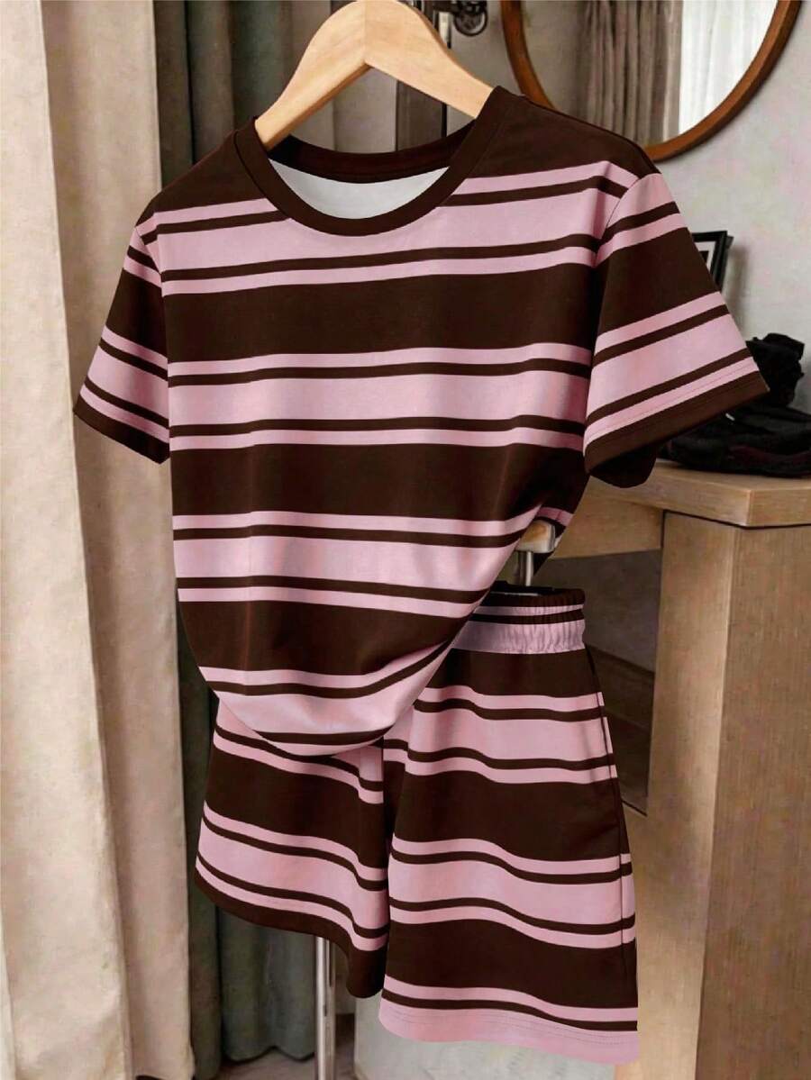 2件組青少年女孩條紋印花圓領T恤與短褲套裝,棕色夏季休閒度假穿搭,復古粉色條紋女童款 - 彩色 - 查看 1