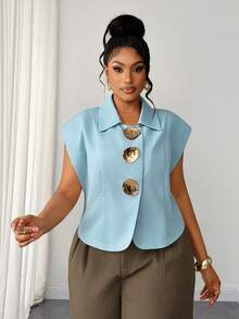 Maweii Blusa elegante de talla grande con diseño romántico y hebilla de metal estilo francés para ir al trabajo - Azul - Ver 5